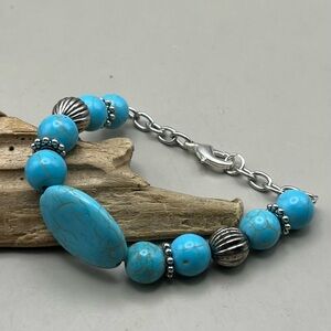 Turquoise and Silver Tone Beaded Bracelet-Boho Handmade